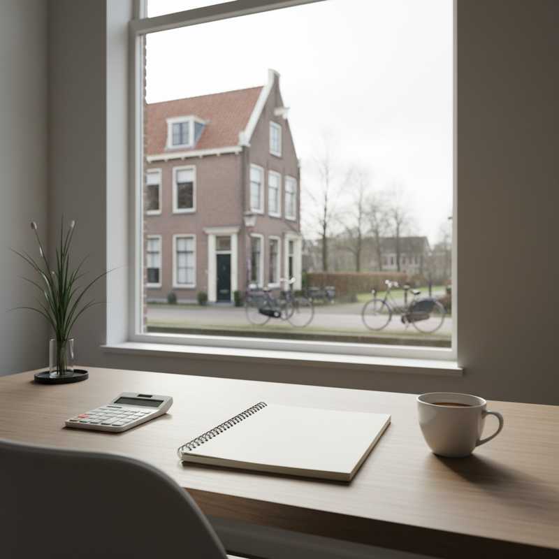 Rustig thuiskantoor met lege notitieblok en rekenmachine, symboliseert financiële rust en planningsgelegenheid