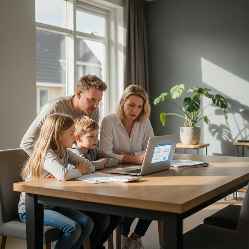 Nederlands gezin aan tafel bekijkt spaarrente-vergelijking op laptop met rekenmachine erbij