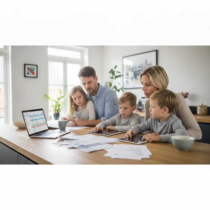 Familie bekijkt energierekening en budget aan keukentafel met laptop