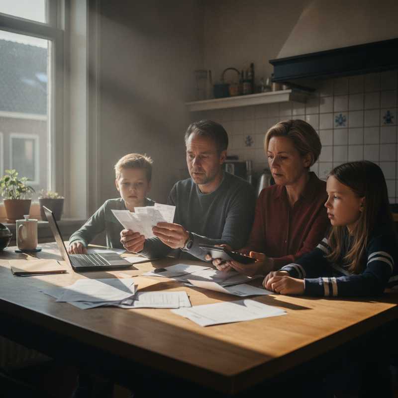 Familie aan keukentafel met rekeningen en calculator bezig met financiële planning zorgkosten