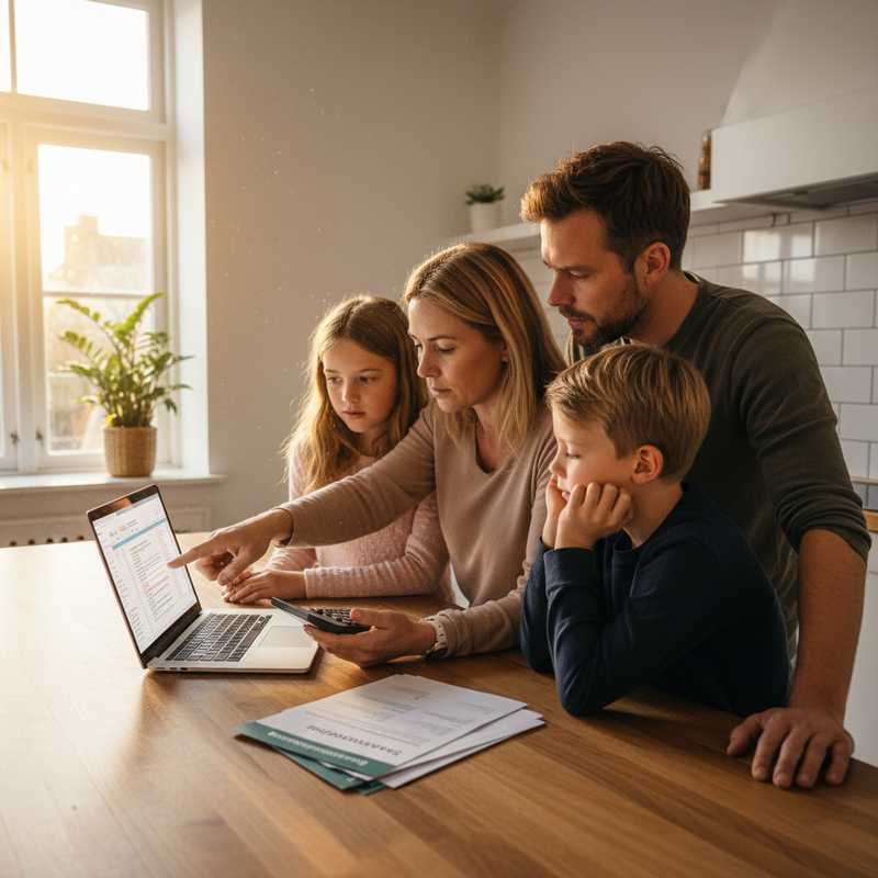 Nederlands gezin aan keukentafel vergelijkt spaarrentes op laptop met rekenmachine en bankdocumenten