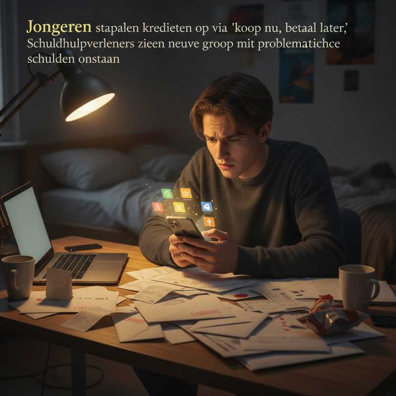 Bezorgde jongere checkt betaal-apps op smartphone met onbetaalde rekeningen op bureau