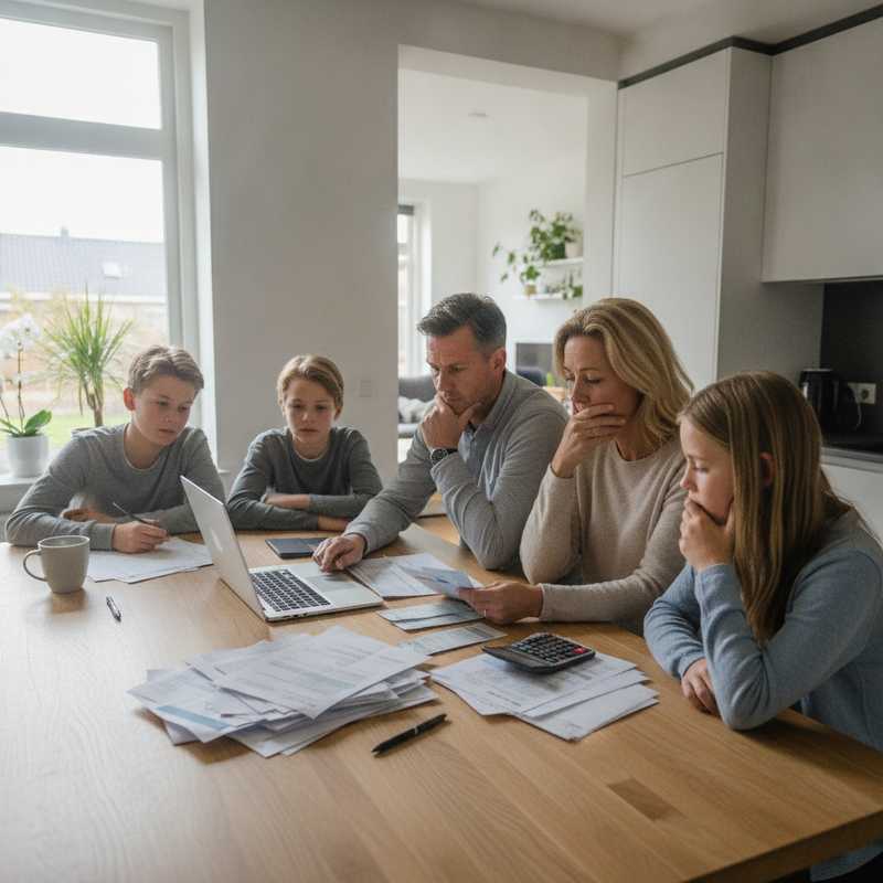 Nederlands gezin zit aan keukentafel met rekeningen en calculator terwijl ze hun huishoudbudget proberen te beheren