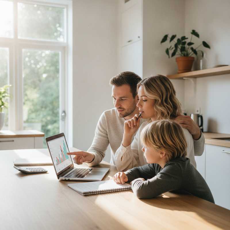 Familie aan keukentafel met laptop die spaarrentes vergelijkt, calculator en notitieblok zichtbaar