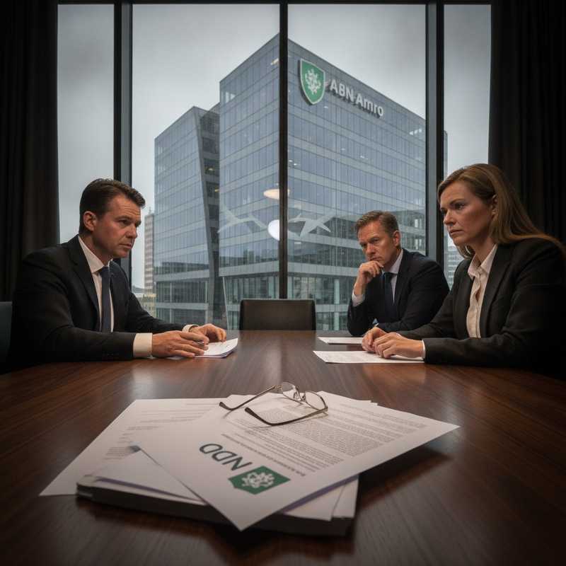 ABN Amro bankgebouw met DNB officiële documenten over boete voor witwascontroles