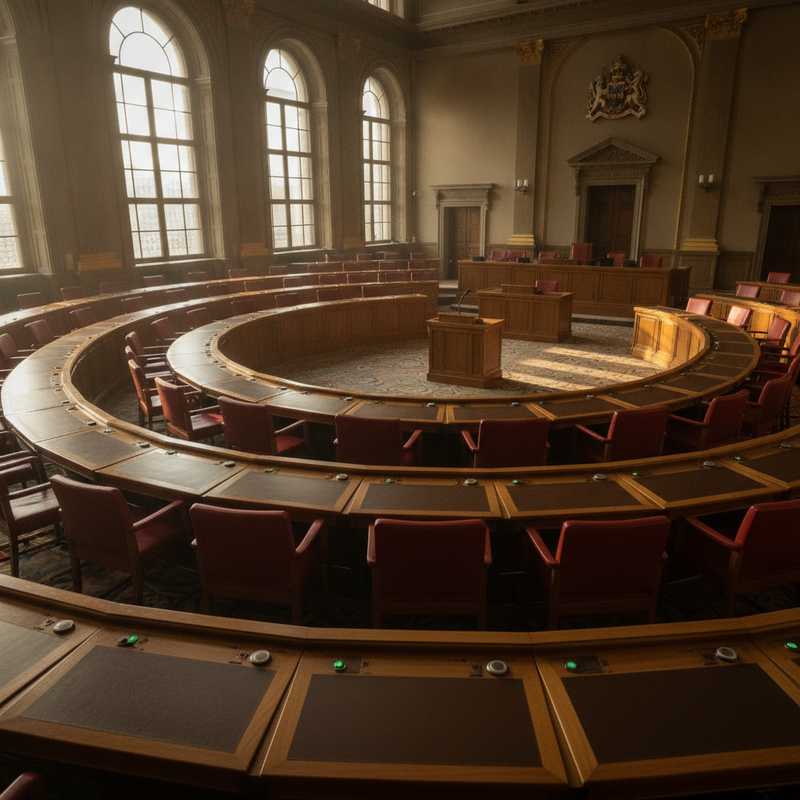 Lege stoelen in de Nederlandse Eerste Kamer met stemborden, symboliserend het uitstel van de stemming over vermogensbelasting