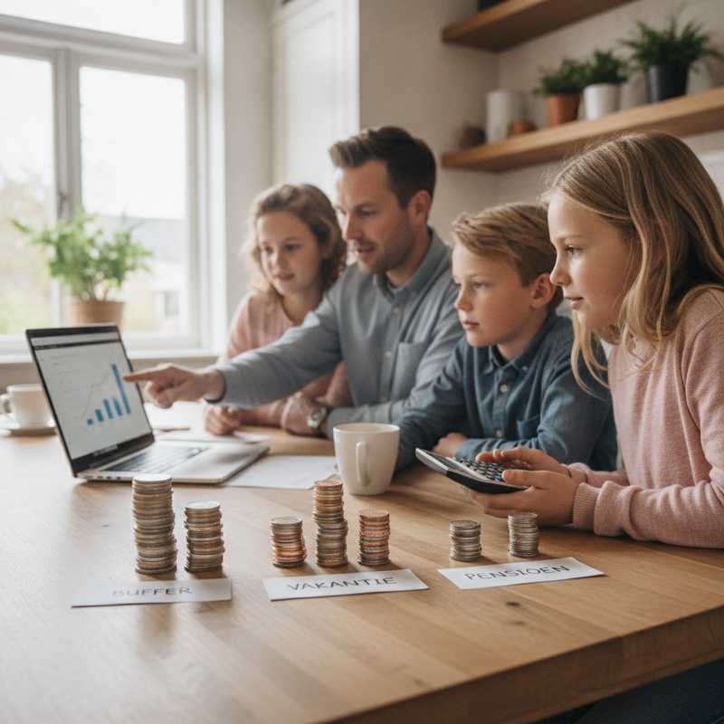 Nederlands gezin aan keukentafel met laptop en gesorteerde spaarpotjes voor buffer, doelen en lange termijn