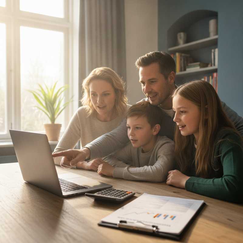 Nederlands gezin bekijkt samen spaarrente-opties op laptop aan keukentafel