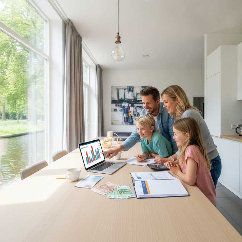 Dutch family comparing savings account interest rates on laptop at home kitchen table