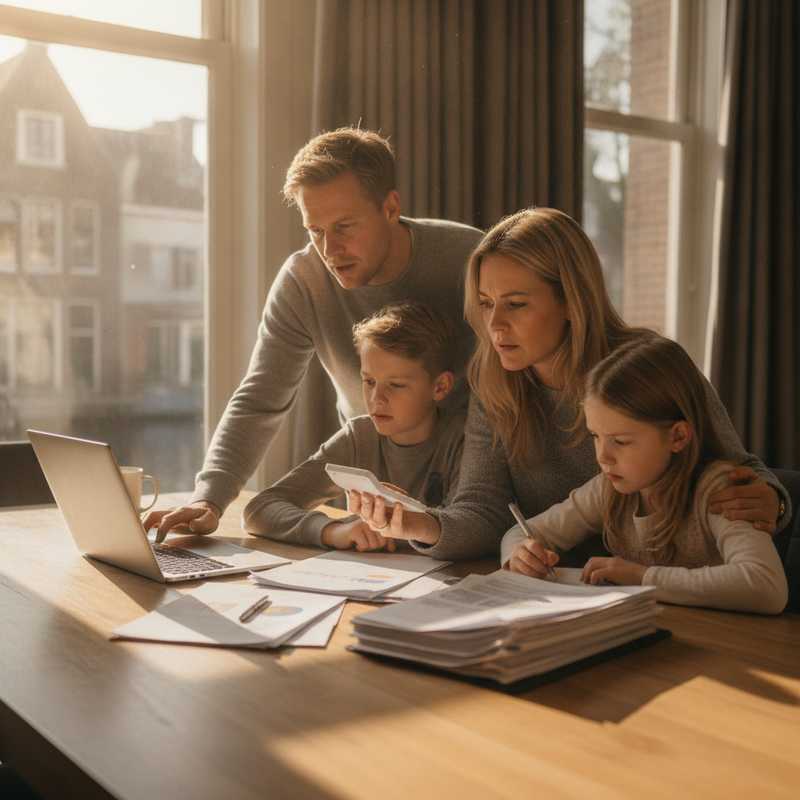 Jong gezin zit aan tafel met laptop en hypotheekdocumenten om financiële impact van rentestijging te berekenen