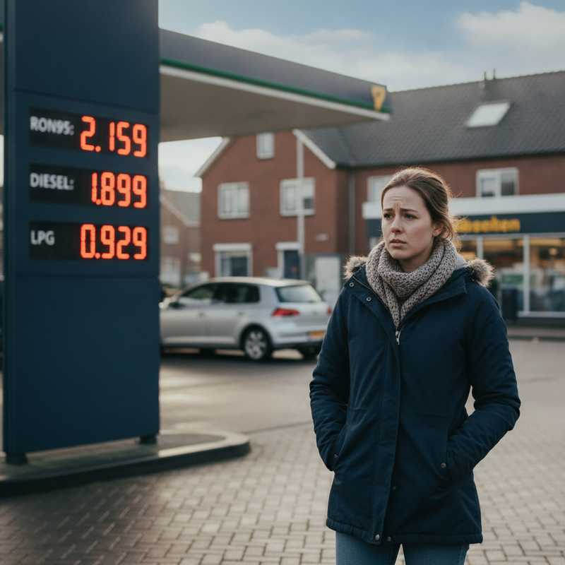 Vrouw kijkt bezorgd naar hoge brandstofprijzen bij tankstation in Nederland