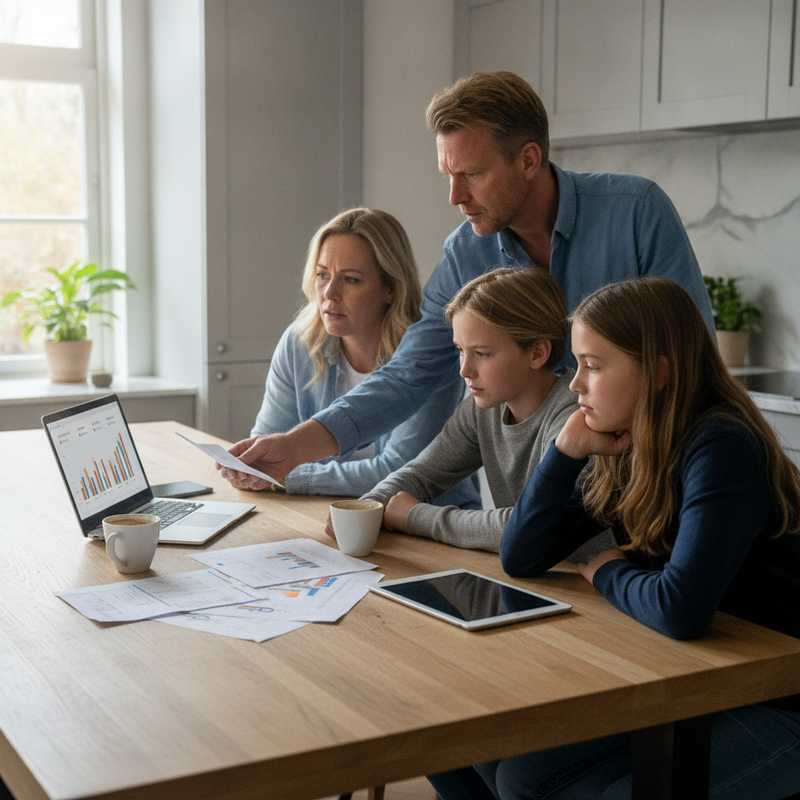 Nederlands gezin vergelijkt spaarrentes op laptop aan keukentafel met bankafschriften