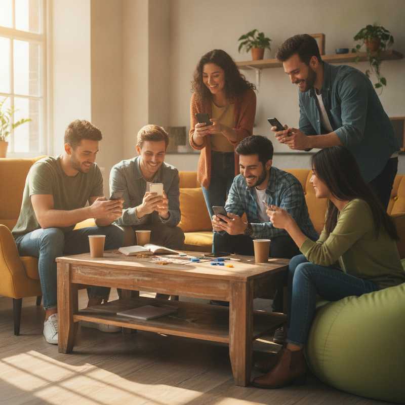 Groep jonge volwassenen kijkt samen naar content op hun smartphones in ontspannen setting