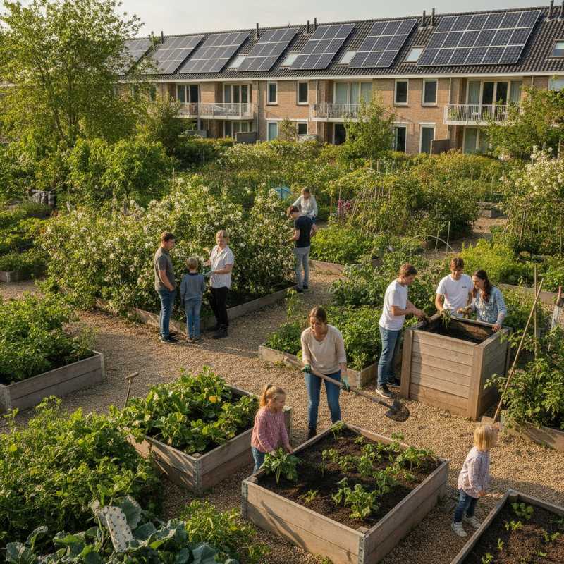 Families en jongeren werken samen aan duurzaam buurtproject met tuin en zonnepanelen