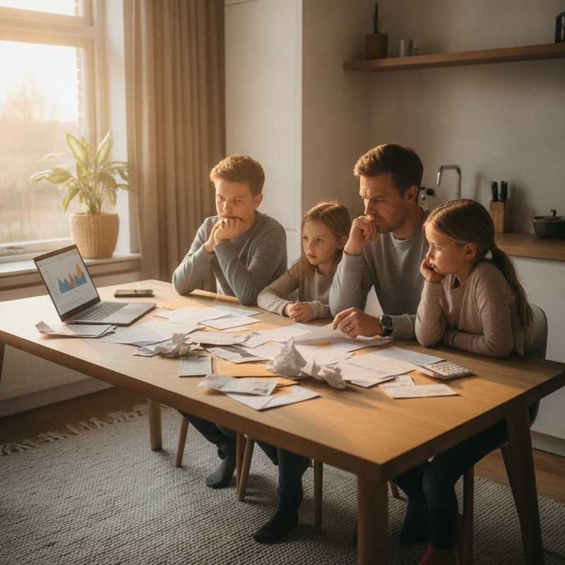 Familie aan keukentafel met rekeningen en budget-overzicht bespreekt huishoudelijke uitgaven