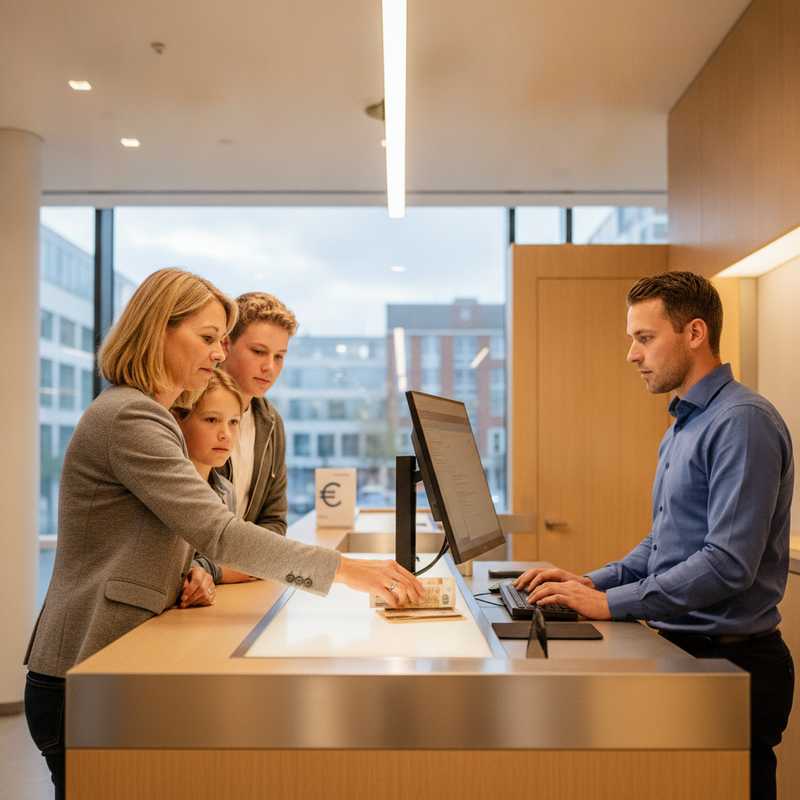 Ouder stort contant geld bij bankbalie terwijl medewerker transactie invoert op computer