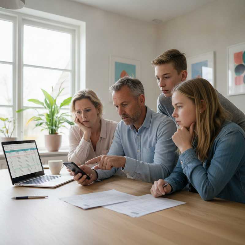 Nederlands gezin controleert samen banktransacties op laptop om betaalfraude te voorkomen