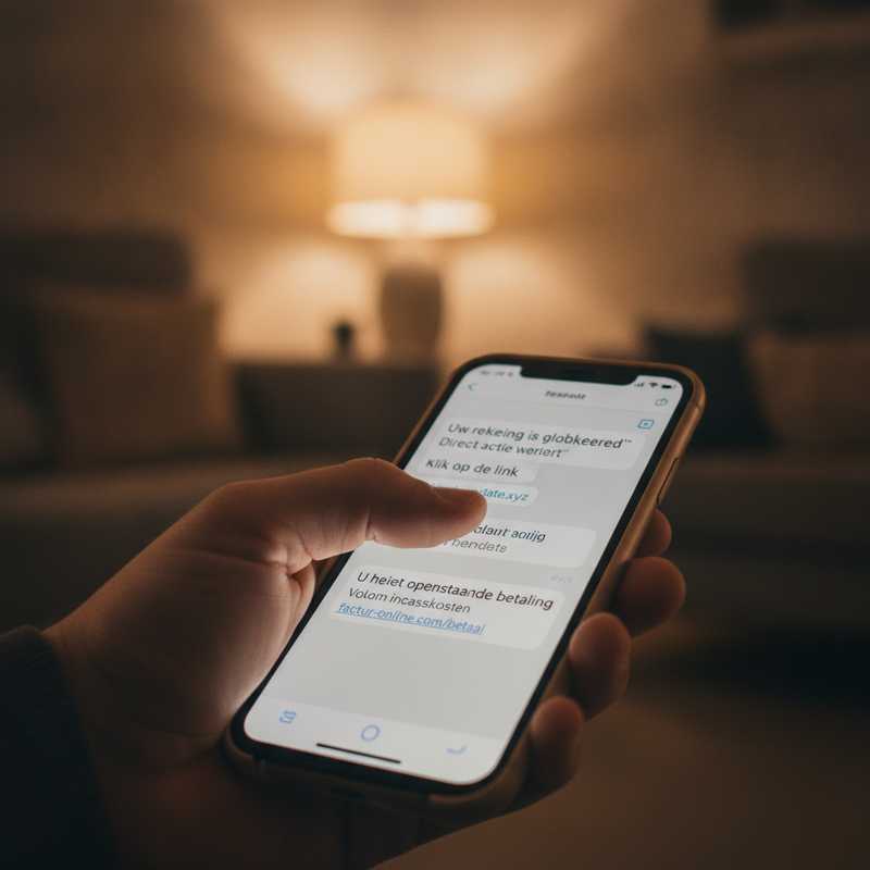Smartphone met verdachte betaalverzoek-sms op scherm, hand aarzelt om te klikken