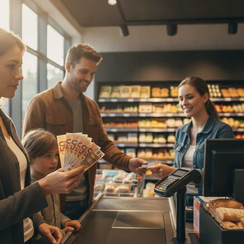 Familie bij supermarktkassa met contant geld en betaalpas in beeld