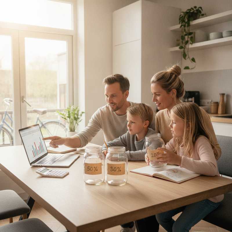 Nederlands gezin aan keukentafel met budgetpotjes van 50, 30 en 20 procent