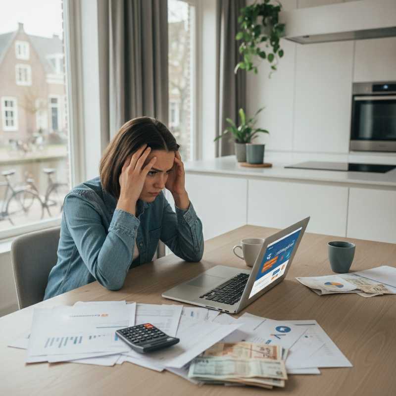 Vrouw achter laptop met belastingpapieren en calculator op keukentafel