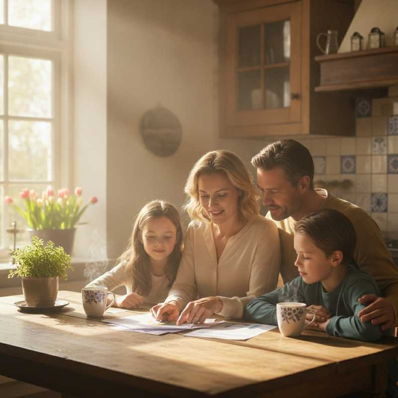 Familie aan keukentafel die samen budgetdocumenten bekijkt met hoopvolle gezichtsuitdrukking