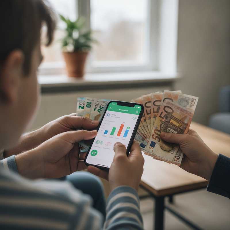 Hands holding smartphone with banking app and euro banknotes showing digital and cash payment methods