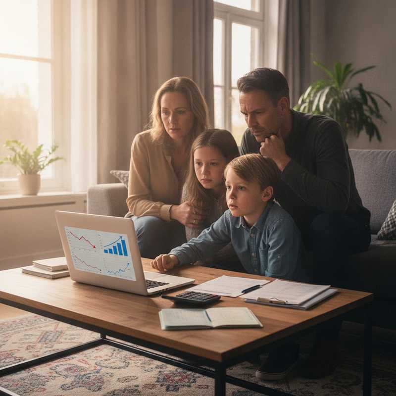 Familie bekijkt financiële grafieken op laptop met zorgelijke blik vanwege inflatie en dalende koopkracht spaargeld