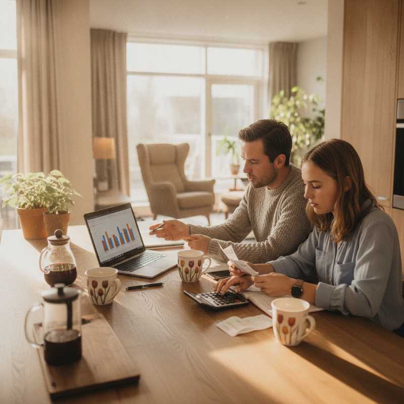 Een Nederlands gezin bekijkt hun maandelijkse budget aan de keukentafel met laptop en rekenmachine