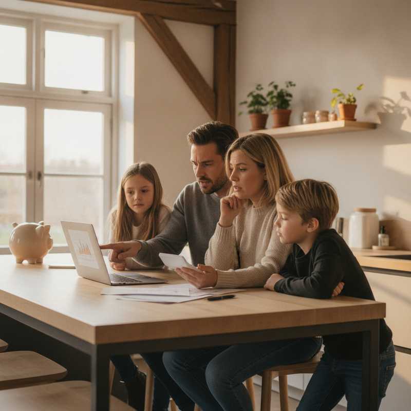 Jong Nederlands gezin zit samen aan keukentafel met laptop en financiële documenten om beleggingsbeslissingen te bespreken