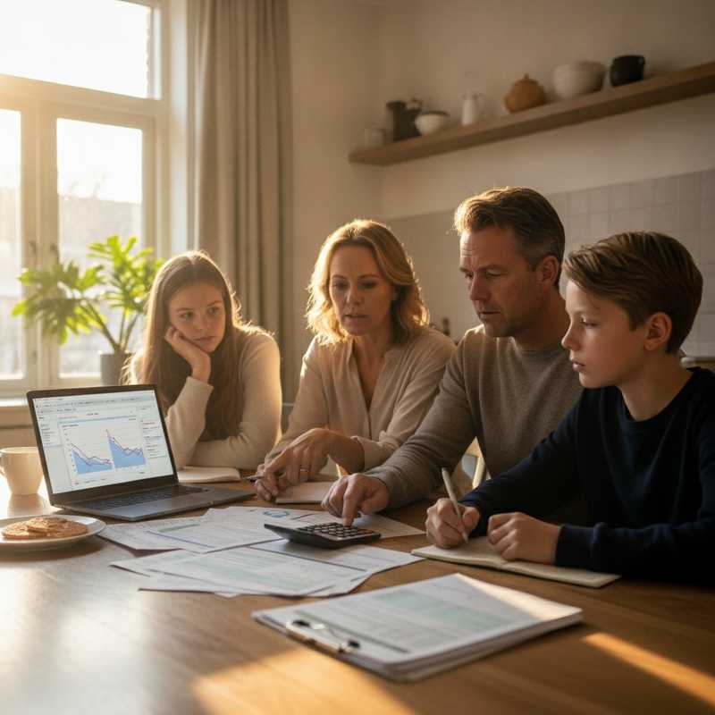 Nederlands gezin aan keukentafel met financiële documenten en calculator terwijl ze hun vermogen en belastingen bespreken