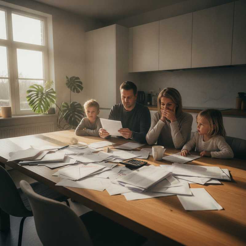 Nederlands gezin met financiële zorgen bekijkt rekeningen aan keukentafel