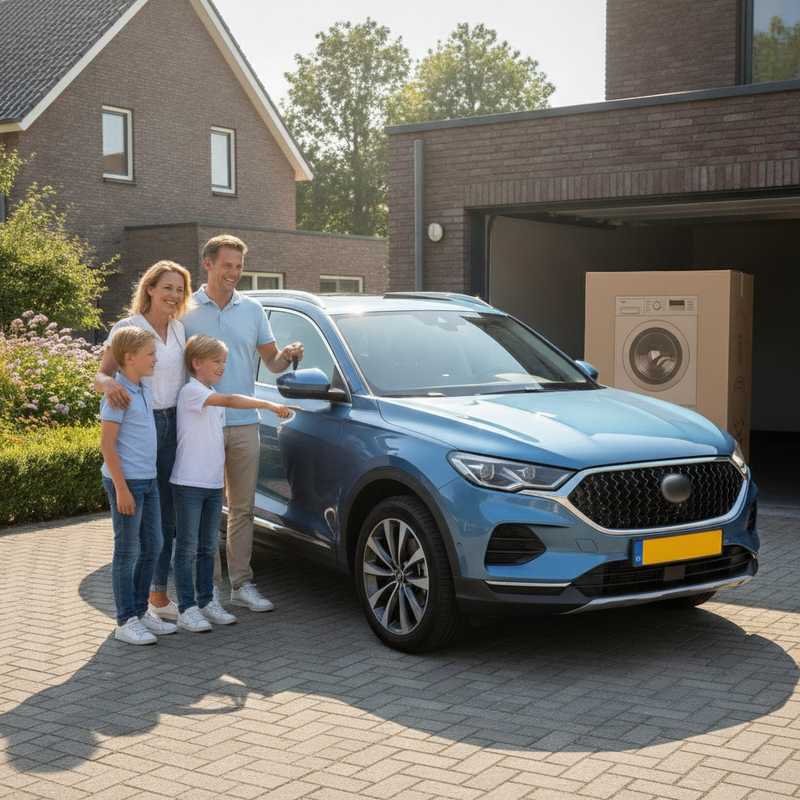 Nederlands gezin bij nieuwe auto en huishoudelijke apparaten in zomerse oprit