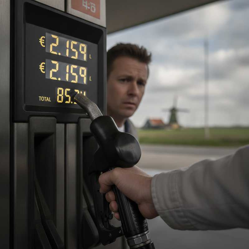 Hand die tankpistool vasthoudt bij benzinestation met digitaal prijsdisplay dat hoge brandstofprijzen toont