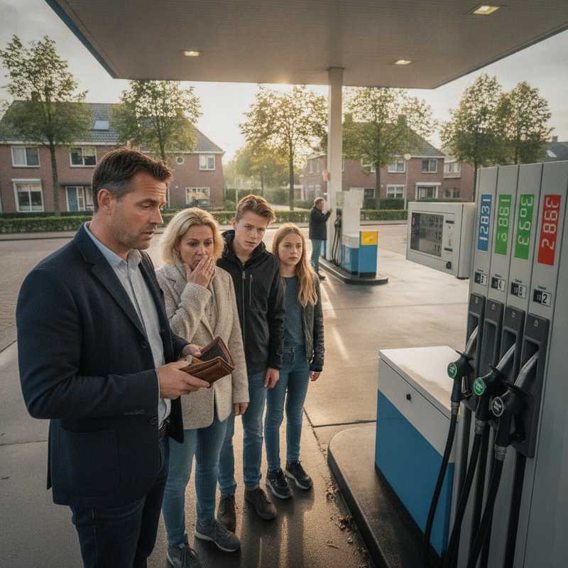 Ouder bij benzinepomp kijkt bezorgd naar hoge brandstofprijzen op display