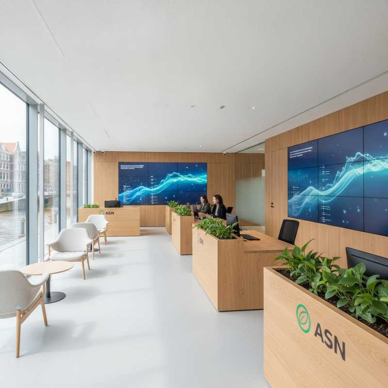 Modern ASN Bank kantoor met duurzame inrichting en digitale schermen