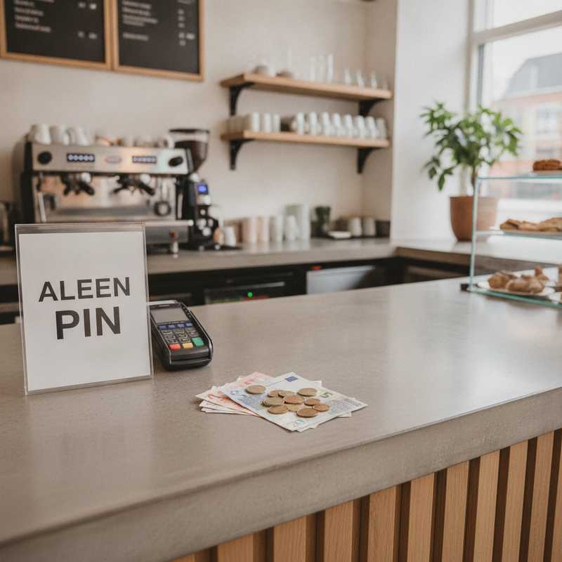 Een café-toonbank met 'alleen PIN' bord en ongebruikte eurobiljetten, illustreert lage cashacceptatie in Nederlandse horeca
