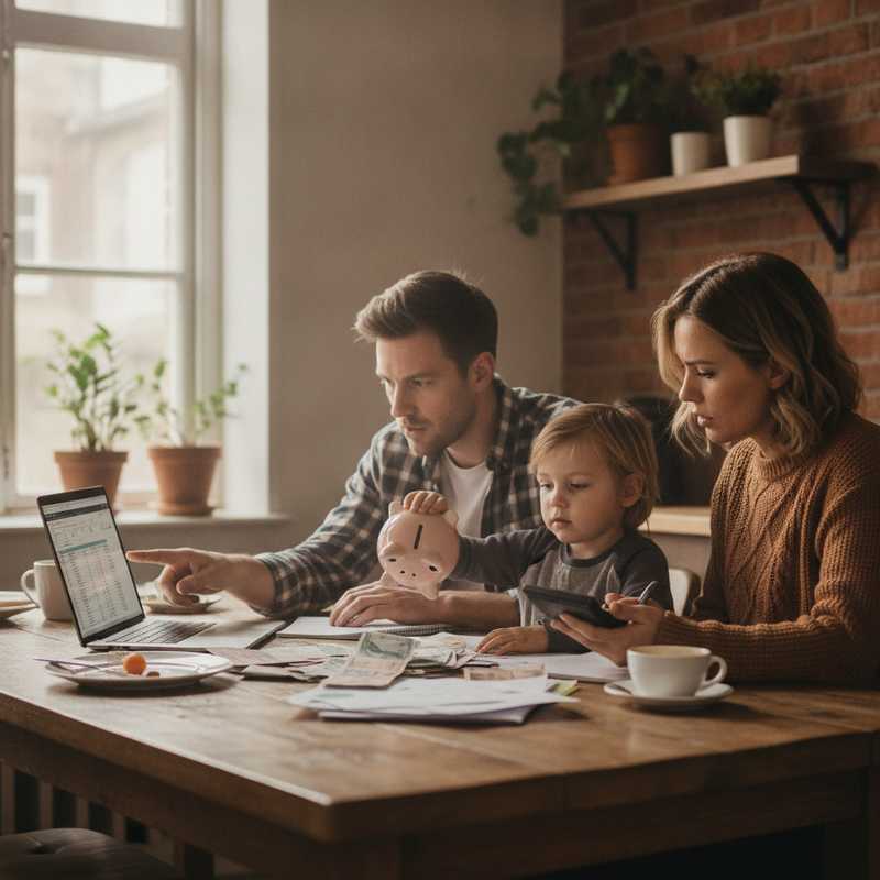 Nederlands gezin aan keukentafel bezig met huishoudbudget en rekeningen bekijken