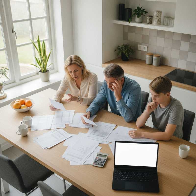 Familie zittend aan keukentafel kijkend naar huishoudbudget en rekeningen met bezorgde uitdrukking
