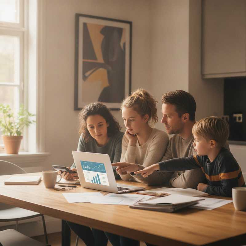 Familie aan keukentafel bekijkt samen hun bankrekeningen en spaargeld op laptop