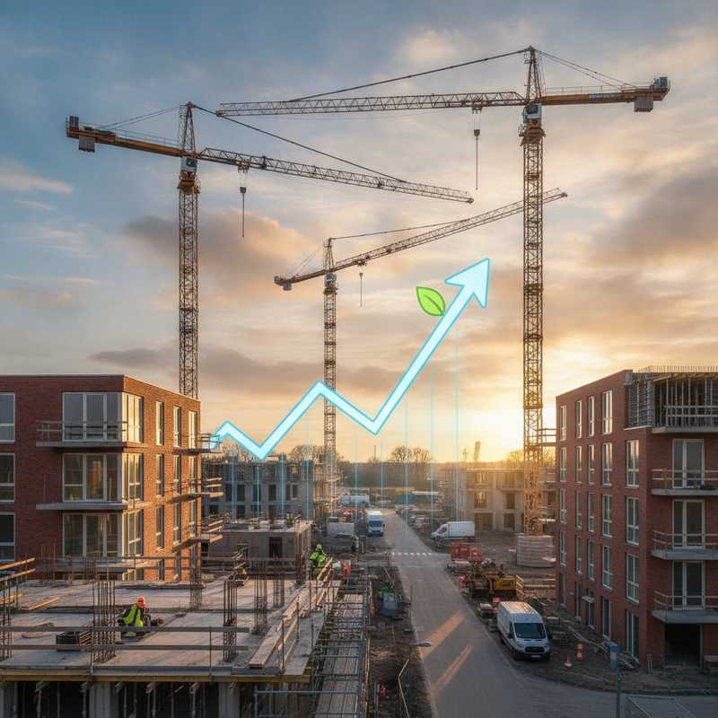 Modern Nederlands bouwproject met woningen in aanbouw en bouwkranen, symbool voor financiële stabiliteit in de bouwsector