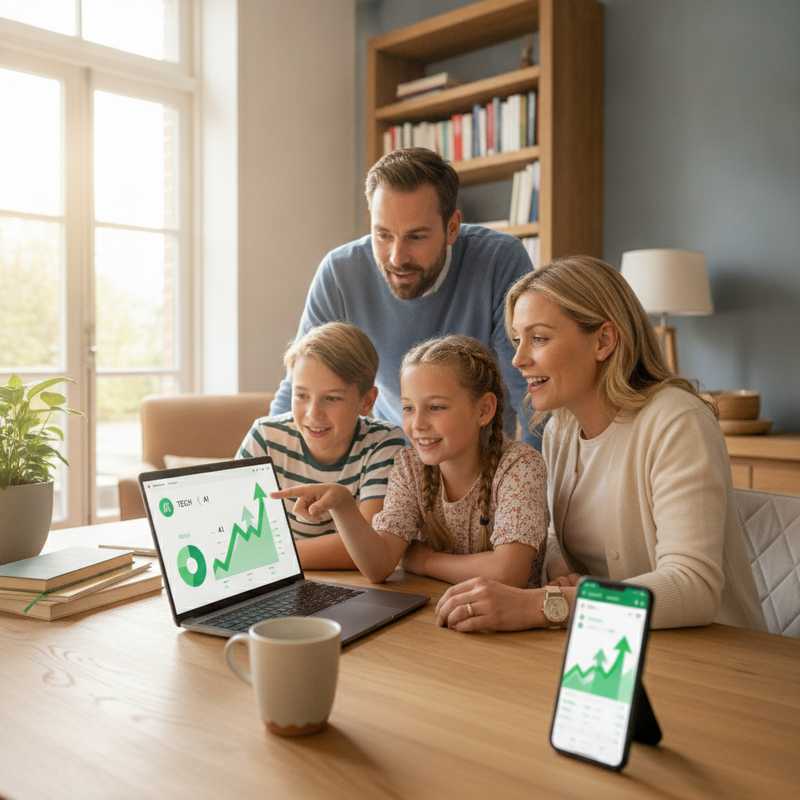 Familie bekijkt stijgende beleggingsportefeuille op laptop met groene grafieken