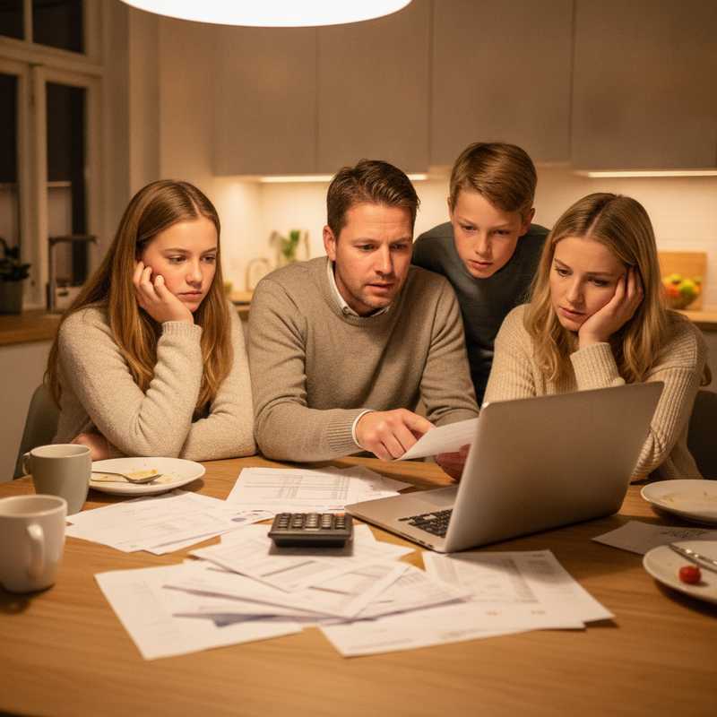 Nederlands gezin aan keukentafel bekijkt rekeningen en maakt financieel overzicht