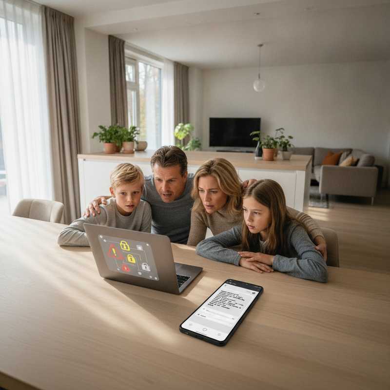 Nederlands gezin aan keukentafel kijkt bezorgd naar laptop met bankwaarschuwing en verdachte sms op telefoon