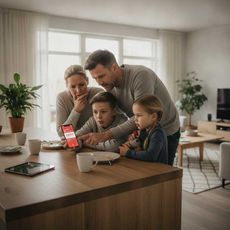 Familie controleert samen verdacht betalingsverzoek op smartphone aan keukentafel