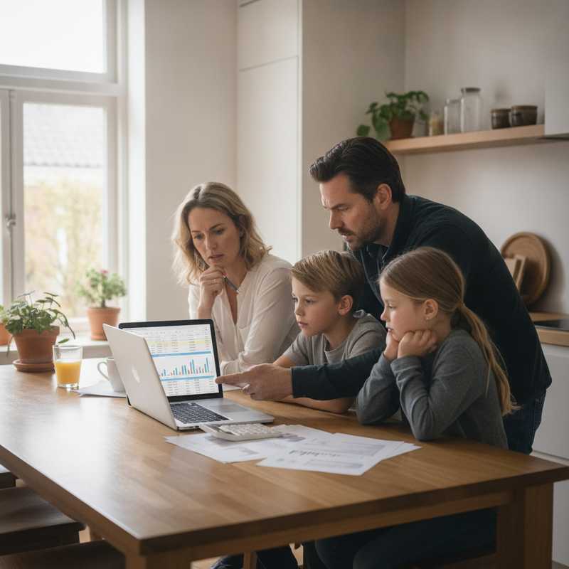 Gezin aan keukentafel bekijkt spaarrente-overzicht op laptop met calculator