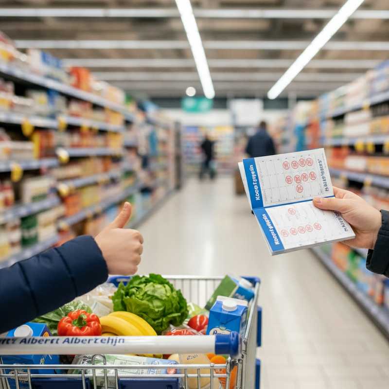 Handen die een Albert Heijn koopzegelboekje vasthouden bij winkelwagen met boodschappen in supermarkt
