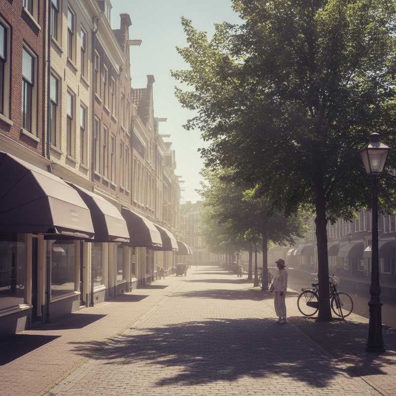 Lege Nederlandse winkelstraat tijdens hittegolf met gesloten zonneschermen en weinig mensen