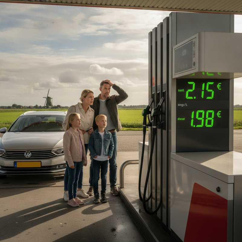 Familie bij benzinepomp kijkt naar hoge brandstofprijzen in Nederland