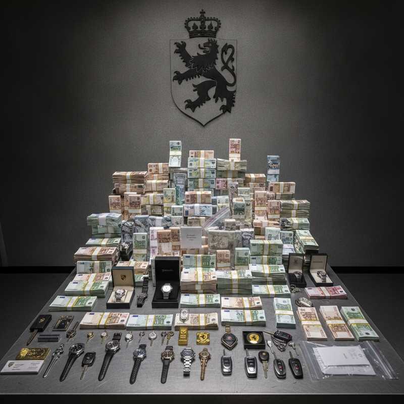 Beslaggenomen euro bankbiljetten en luxe goederen op een bewijstabel bij het Openbaar Ministerie